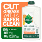 Seventh Generation dish liquid bottle beside text and badge art stating biobased formula and product claims on orange background.