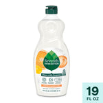 Seventh Generation dish liquid bottle with clementine label and green cap, plus a small '19 fl oz' badge at lower right