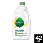 Single white bottle of Seventh Generation dishwasher detergent gel with lemon graphics and green cap on white background.