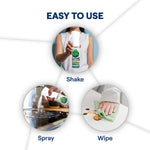 Instructional graphic showing shake, spray, wipe steps with Seventh Generation Ultra Deep bottle