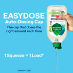 Hand holding an upside-down Seventh Generation EasyDose bottle dispensing a drop, promoting auto-dosing cap and one-squeeze dosing