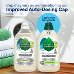 Two Seventh Generation EasyDose Ultra Power+ bottles shown with text about improved auto-dosing cap and recyclable cap