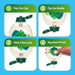Four-panel instructional graphic showing how to pop the cap, flip the bottle, wait two seconds and squeeze the Seventh Generation bottle