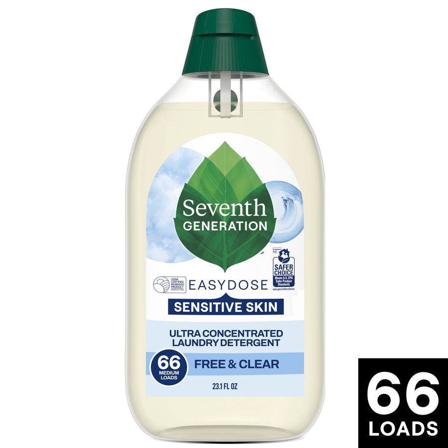 Clear bottle of Seventh Generation EasyDose Sensitive Skin ultra concentrated liquid laundry detergent with green cap and product label.