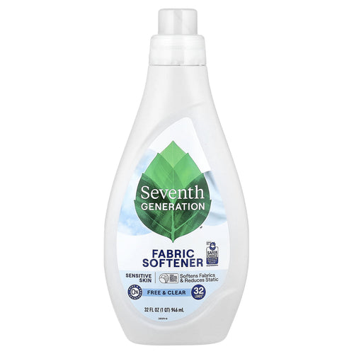 White bottle of Seventh Generation Free & Clear fabric softener with green leaf logo and label on front