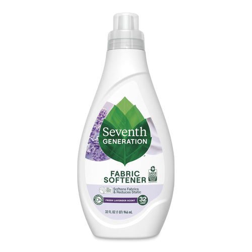 White bottle of Seventh Generation fabric softener with green leaf logo and lavender imagery on the front label.