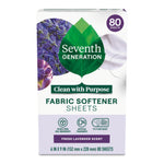 Vertical front view of Seventh Generation Fabric Softener Sheets box showing leaf logo, lavender image and 80 sheets callout