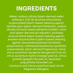 Green ingredients panel listing formulation components such as water, sodium citrate, enzymes, and plant-derived fragrances.