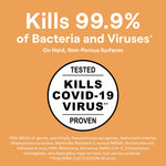 Orange graphic with text claiming it kills 99.9% of bacteria and viruses and a tested badge stating kills COVID-19 virus