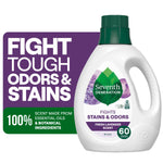 Seventh Generation lavender liquid laundry detergent bottle with label and text callout about fighting odors and stains