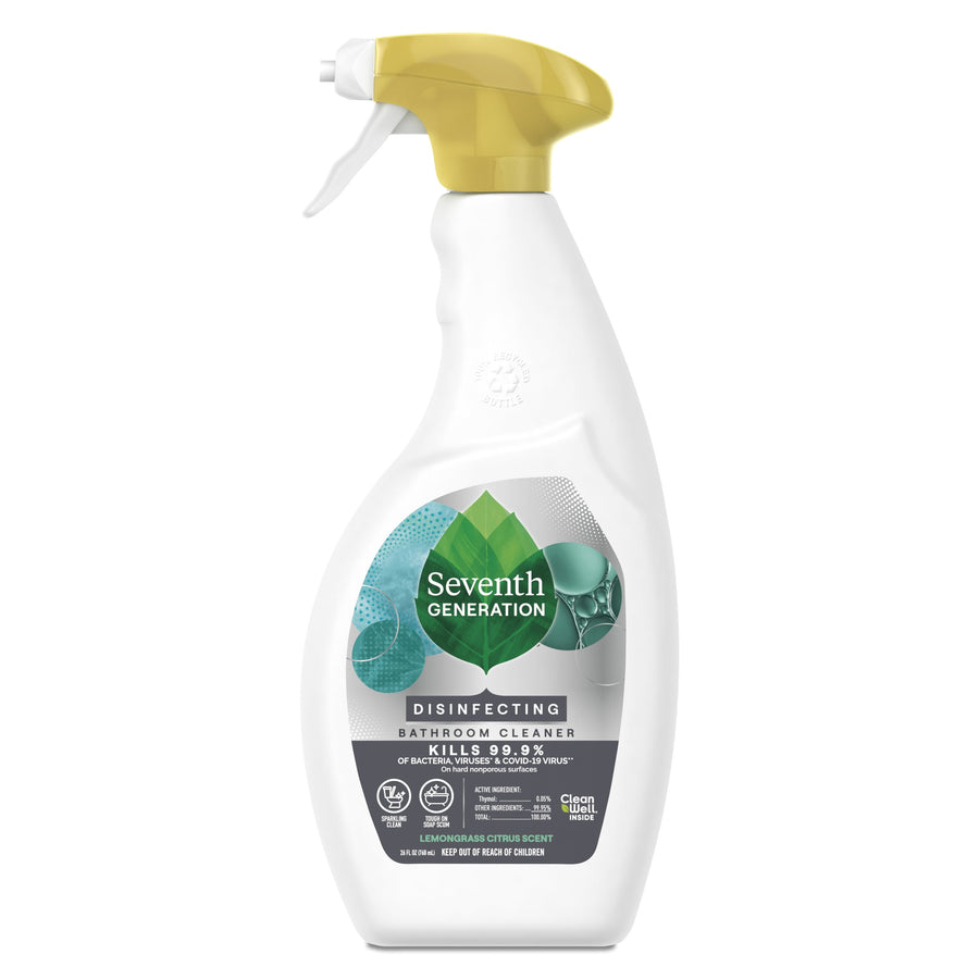 White spray bottle with yellow trigger and Seventh Generation disinfecting bathroom cleaner label, lemongrass citrus branding
