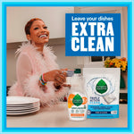 Lifestyle image showing a person at a counter with Seventh Generation dish liquid bottle and dishwasher detergent pack, headline 'Leave your dishes EXTRA CLEAN'