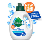 Seventh Generation liquid laundry detergent bottle with Fresh Scent label and promotional bubbles