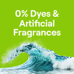 Bright green graphic stating '0% Dyes & Artificial Fragrances' above a stylized blue ocean wave image
