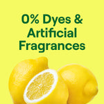 Bright yellow background with lemons and bold text stating “0% Dyes & Artificial Fragrances.”