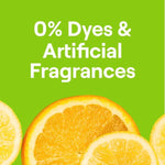 Bright green panel reading '0% Dyes & Artificial Fragrances' above sliced citrus fruit imagery.