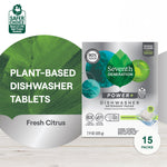 Promotional graphic showing Seventh Generation Power+ dishwasher packs box and plant-based dishwasher tablets label
