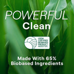 Green close-up of leaves with text “POWERFUL Clean” and a USDA Certified Biobased Product badge and claim.
