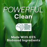 Close-up green leaf background graphic with text 'POWERFUL Clean' and USDA Certified Biobased Product badge.