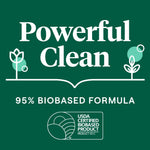 Graphic panel reading “Powerful Clean” and “95% Biobased Formula” with the USDA Certified Biobased Product badge.