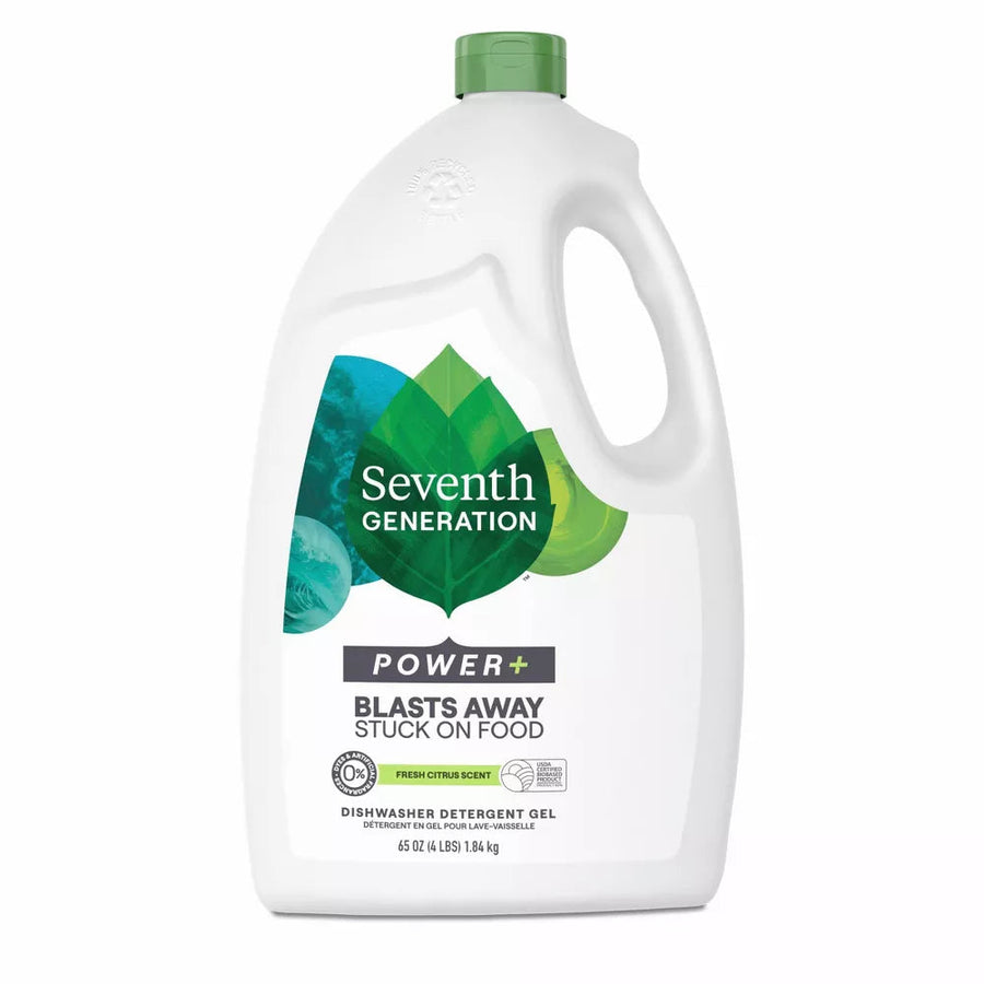 White jug of Seventh Generation Power+ dishwasher detergent gel with green leaf logo and product claims on the label.