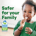 Child eating with a utensil beside text reading “Safer for your Family” and an EPA Safer Choice badge.