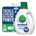 White bottle of Seventh Generation Sensitive Skin laundry detergent with green cap and 60 loads badge against blue graphic