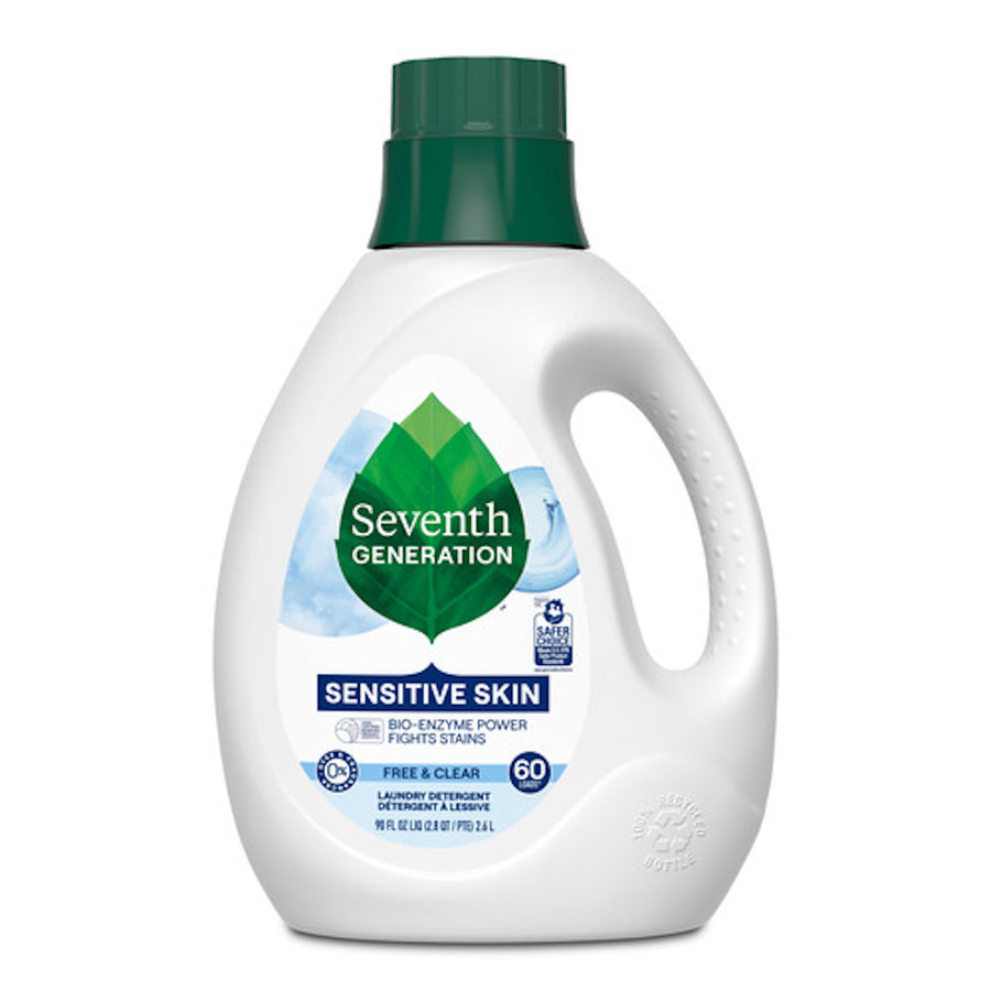 Front product shot of Seventh Generation Sensitive Skin liquid laundry detergent bottle with green cap and label