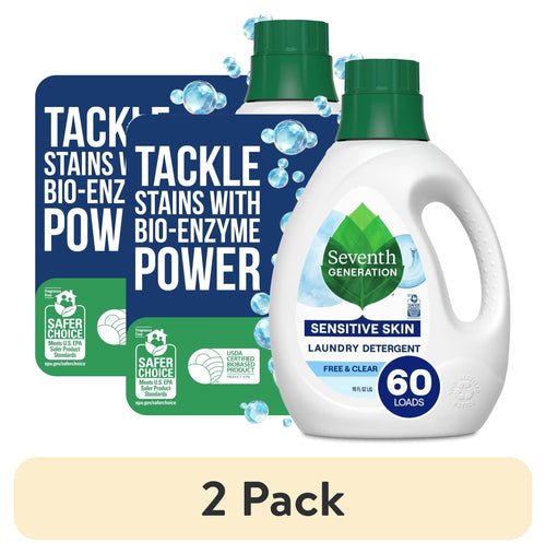 Two Seventh Generation Sensitive Skin laundry detergent bottles with label showing 60 loads and promotional badge reading bio-enzyme power