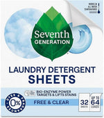 Close-up of Seventh Generation Laundry Detergent Sheets packaging showing logo, 'Free & Clear' and performance icons