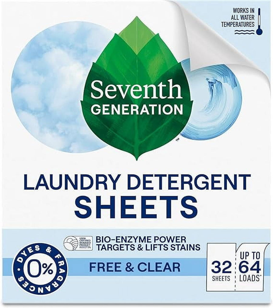 Close-up of Seventh Generation Laundry Detergent Sheets packaging showing logo, 'Free & Clear' and performance icons