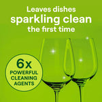Green promotional graphic showing two sparkling wine glasses and text 'Leaves dishes sparkling clean' with a 6x cleaning agents badge.
