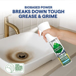 Hand spraying Seventh Generation Ultra Deep cleaner toward a dirty sink with USDA biobased badge