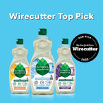 Three Seventh Generation dish liquid bottles on blue background with Wirecutter top pick badge