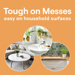 Orange background infographic showing three circular lifestyle images and text "Tough on Messes easy on household surfaces"