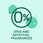 Graphic displaying a large “0%” with text stating dyes and artificial fragrances below on a mint-green background.