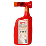 Rear view of a red Sevin 3-in-1 Flower & Shrub spray bottle showing product information label