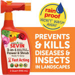 Red Sevin 3-in-1 Flower & Shrub ready-to-spray bottle with label and rainproof badge on orange background