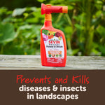 Sevin 3-in-1 Flower & Shrub spray bottle photographed outdoors on a wooden surface with garden background