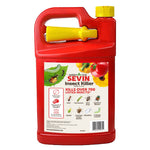 Rear view of red Sevin Insect Killer gallon container with yellow cap and label listing insects and barcode.