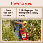 Instructional graphic titled “How to use” with step text and photo of a person holding a Sevin sprayer near tomato plants.