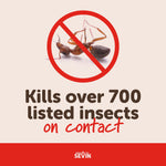 Graphic with a crossed-out ant image and bold text declaring “Kills over 700 listed insects on contact.”