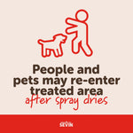 Safety graphic showing icon of a person and pet with text about re-entry after spray dries and Sevin branding.