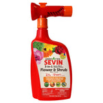 Front view of a red Sevin 3-in-1 Flower & Shrub ready-to-spray bottle with orange spray nozzle