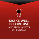 Red instructional graphic that reads shake well before use with icon of a hand holding and shaking an aerosol can