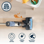 Top-down view of a Shark HydroVac cleaning a light wood floor with icons for fast drying and streak-free.