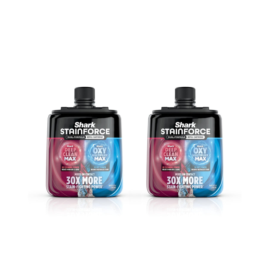 Two Shark StainForce dual-formula refill cartridges side-by-side on white background showing red and blue label panels.