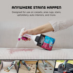 Person using Shark StainForce spray head on a stained mattress or cushion with headline text about stains happening anywhere.