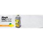 Banner-style image with a bottle of Shark VACMOP hardwood cleaner, lemon illustration and product name on a marble background