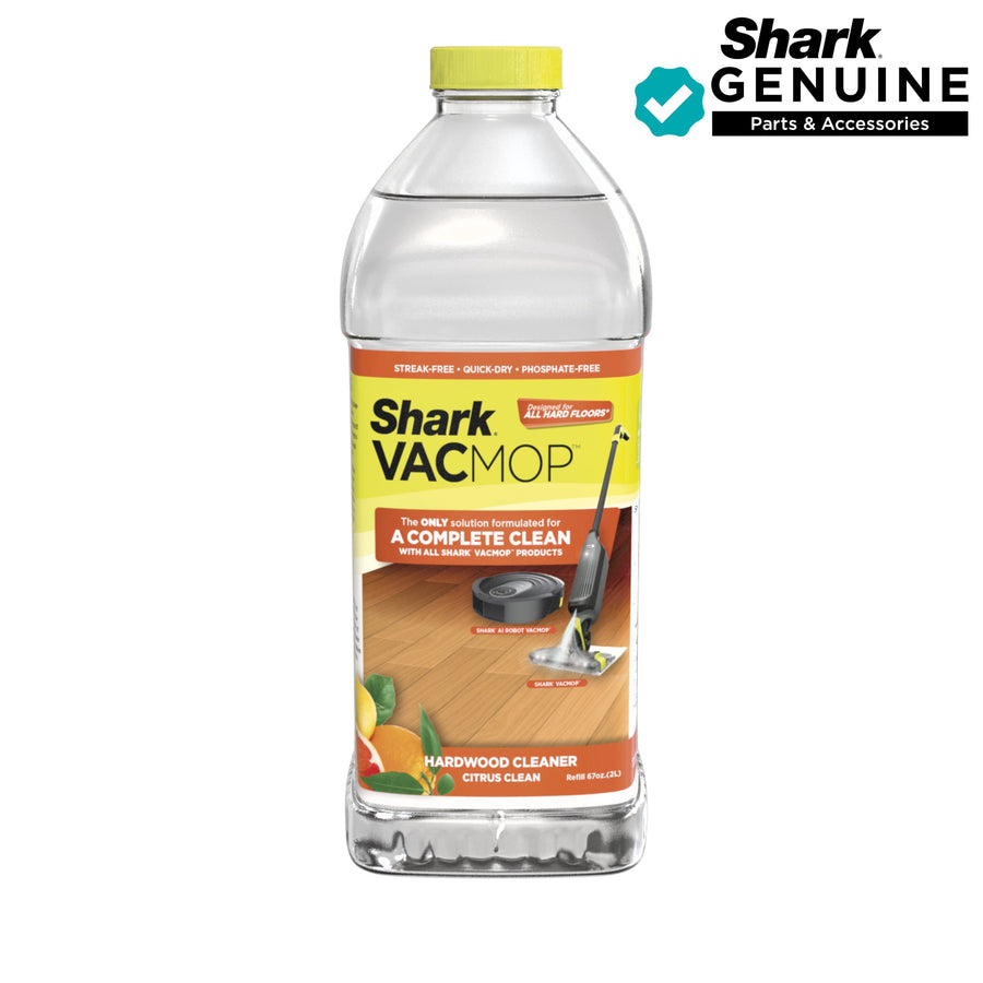 Clear plastic bottle of Shark VACMOP hardwood cleaner with citrus graphics and yellow cap on white background